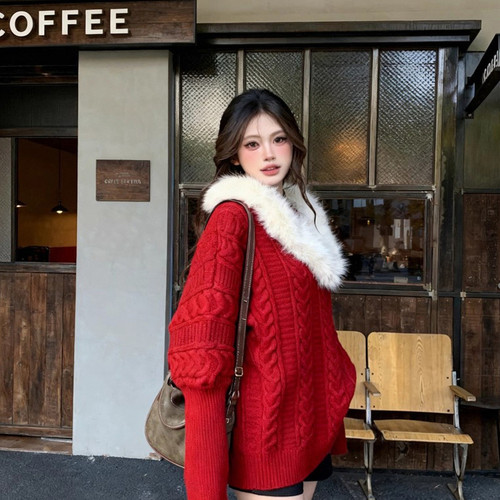 法式复古V领扭花加厚针织毛衣女