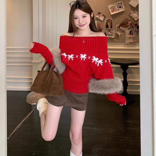 圣诞氛围感一字肩红色毛衣女秋冬气质麻花长袖针织衫软糯露肩上衣