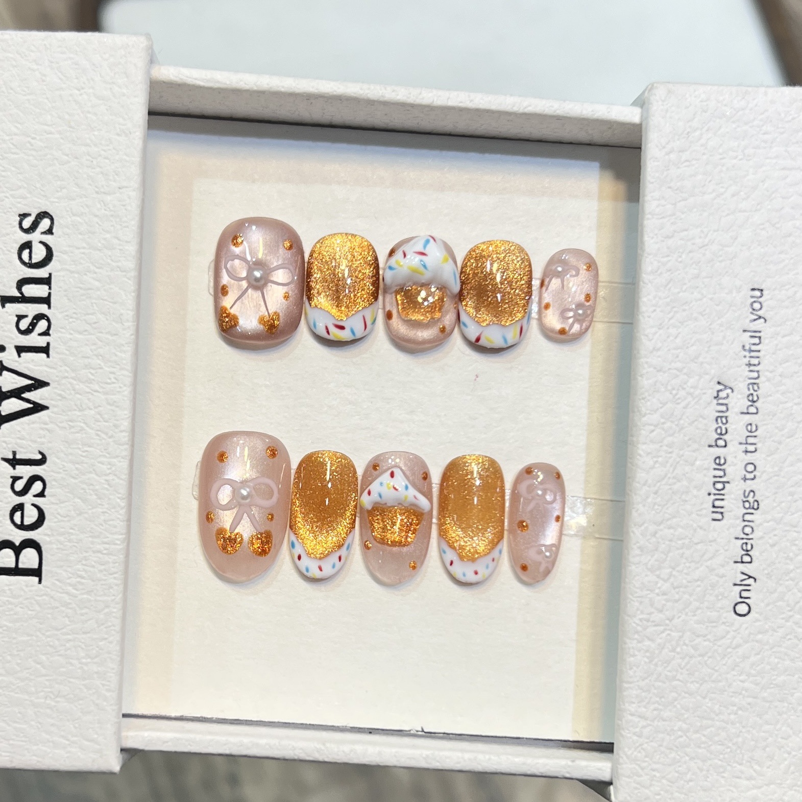 春夏款穿戴甲高级感短款美甲绵密猫眼糖果冰淇淋蝴蝶结甲片可拆卸