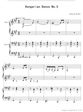 匈牙利舞曲第5号（四手联弹）-高清电子谱-流行歌曲钢琴谱-电子版