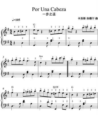 Por Una Cabeza卡洛斯.加德尔-简易动听版- 钢琴谱电子谱-电子版