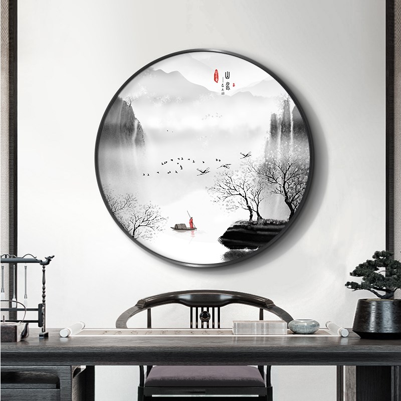 新中式装饰画圆形玄关壁画餐厅饭店挂画茶室背景墙禅意水墨花鸟画图片