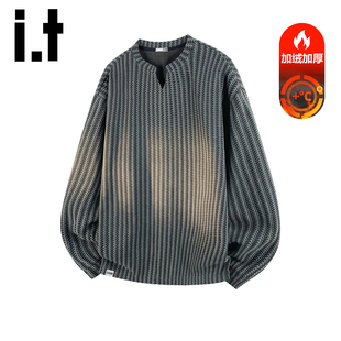 加绒潮牌痞帅宽松休闲打底衫 T恤男冬季 男Y izzue肌理感V领长袖
