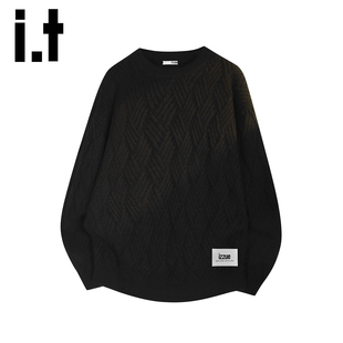 it izzue潮牌日系简约圆领毛衣男青少年秋冬纯色扭花针织衫上衣Y