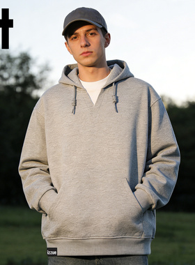 it izzue卫衣男连帽宽松休闲撞色拼接灰色运动服春季新款套头衫4P