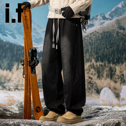 it izzue美式宽松直筒牛仔裤男秋冬季户外加厚保暖抽绳大码长裤Y