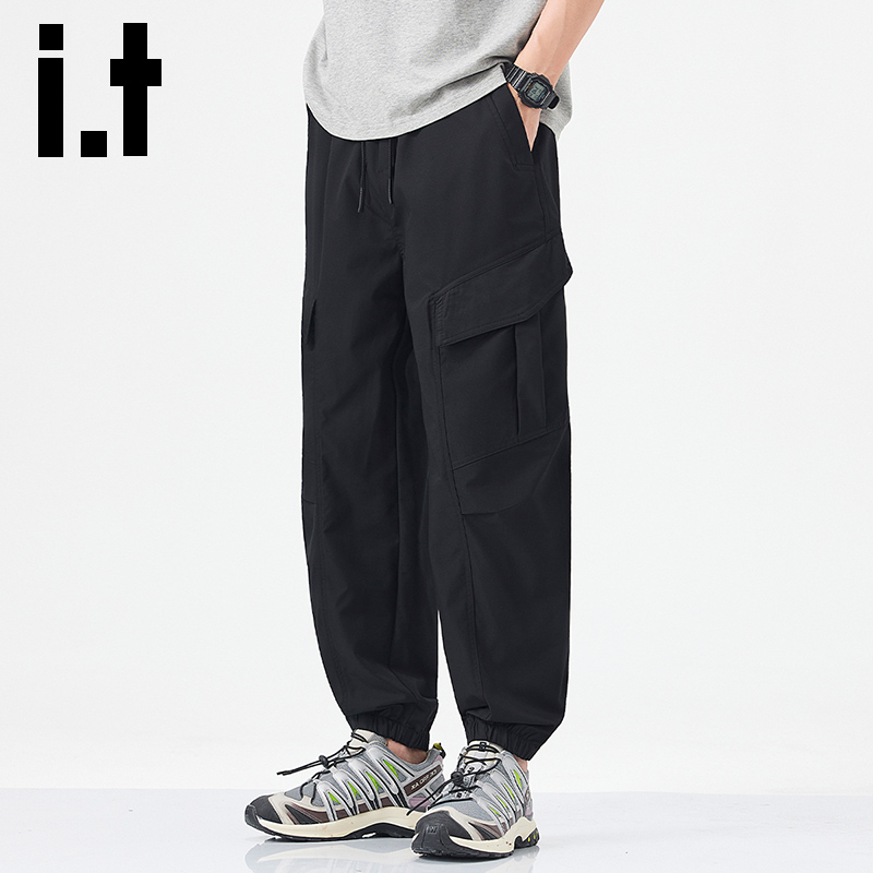 itizzue美式黑色束脚工装裤男士