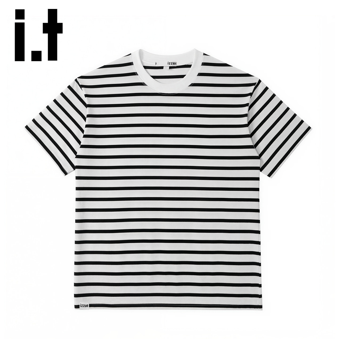 it izzue黑白条纹T恤男款夏季美式复古小领口宽松短袖潮牌五分袖Y