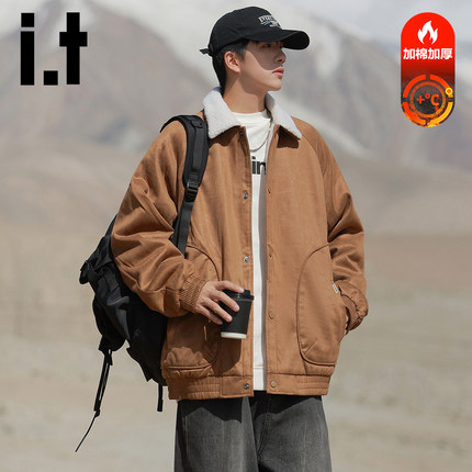 it izzue复古麂皮羊羔绒外套男秋冬季加绒加厚工装毛领夹克棉衣Y