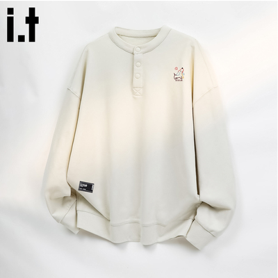 itizzue美式圆领卫衣男2025春秋季新款宽松休闲长袖上衣白色T恤4P