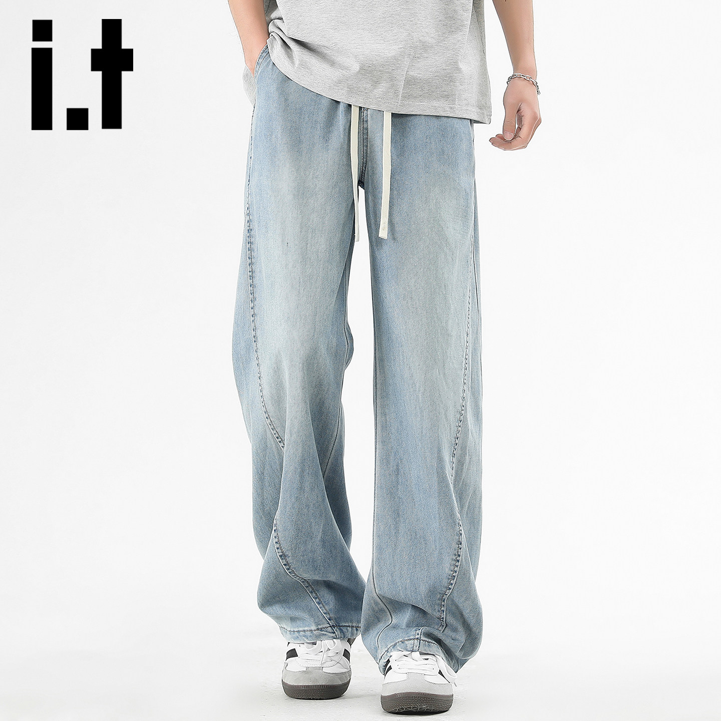 it izzue美式风浅蓝色水洗牛仔裤男春秋季宽松直筒阔腿休闲长裤Y
