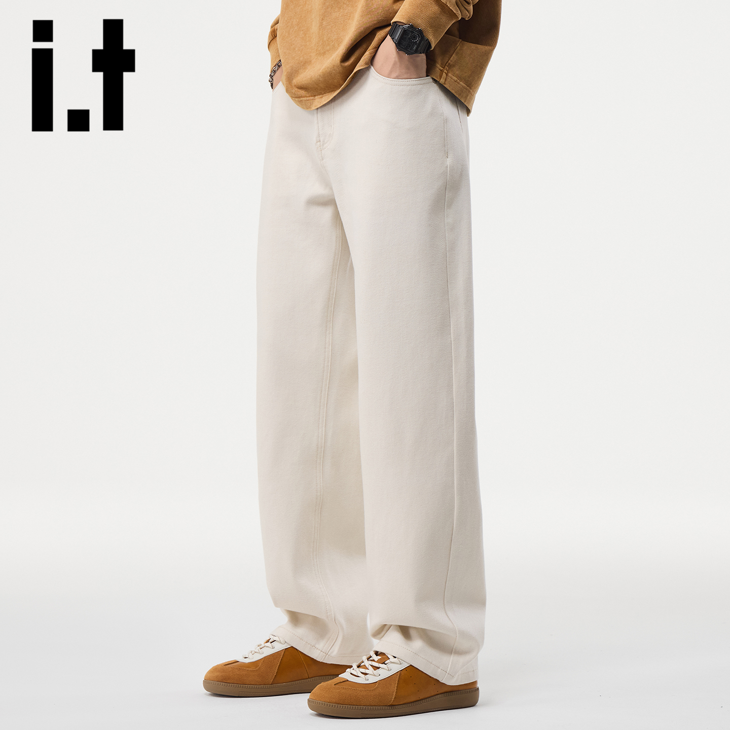 it izzue2025秋季米色牛仔裤男士宽松直筒潮牌美式休闲长裤子男Y