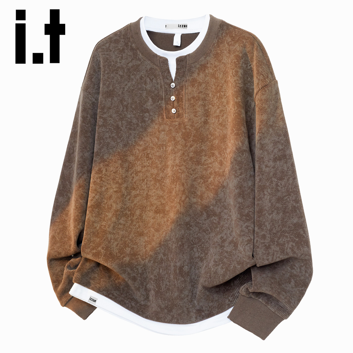 it izzue 秋冬季复古加绒亨利领长袖卫衣男士宽松休闲假两件上衣Y