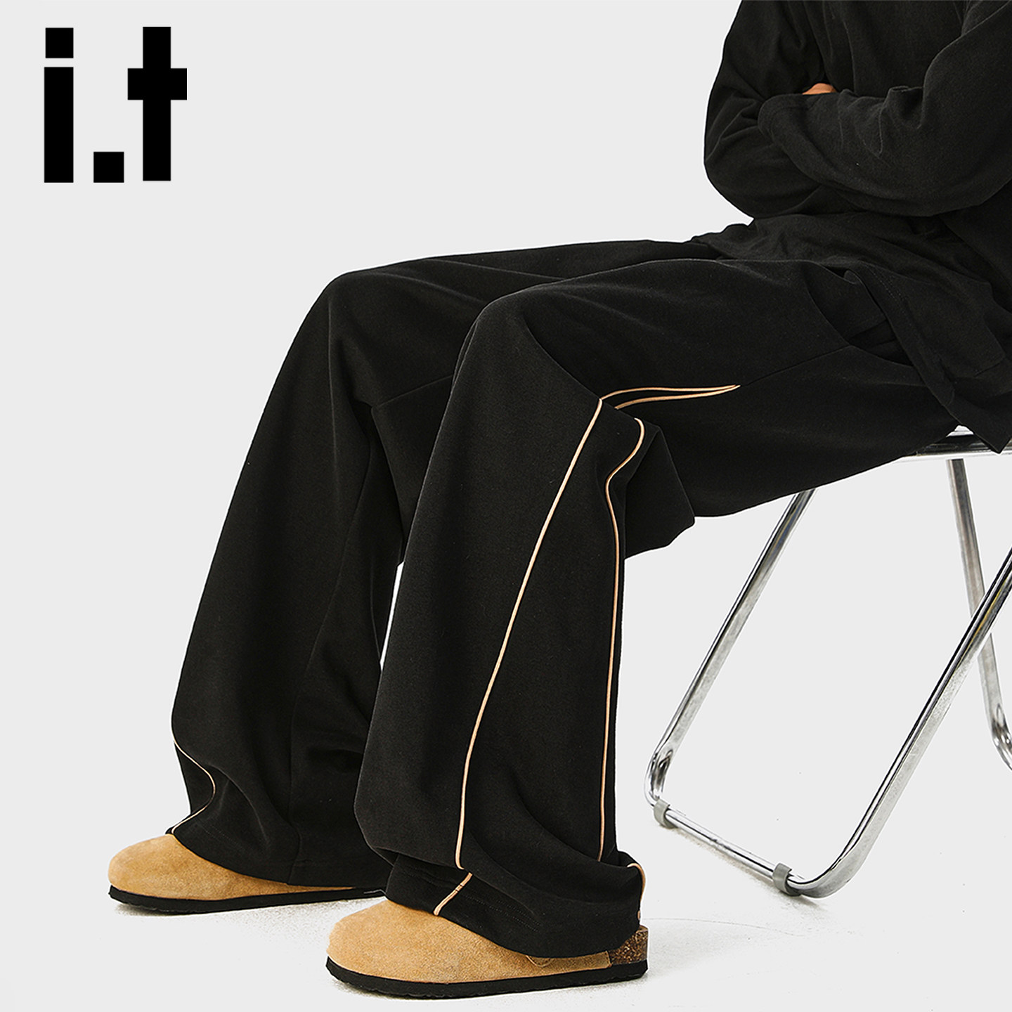 it izzue潮牌黑色撞色边条阔腿裤男士春秋宽松直筒休闲垂感卫裤Y