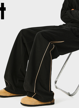 it izzue潮牌黑色撞色边条阔腿裤男士春秋宽松直筒休闲垂感卫裤Y