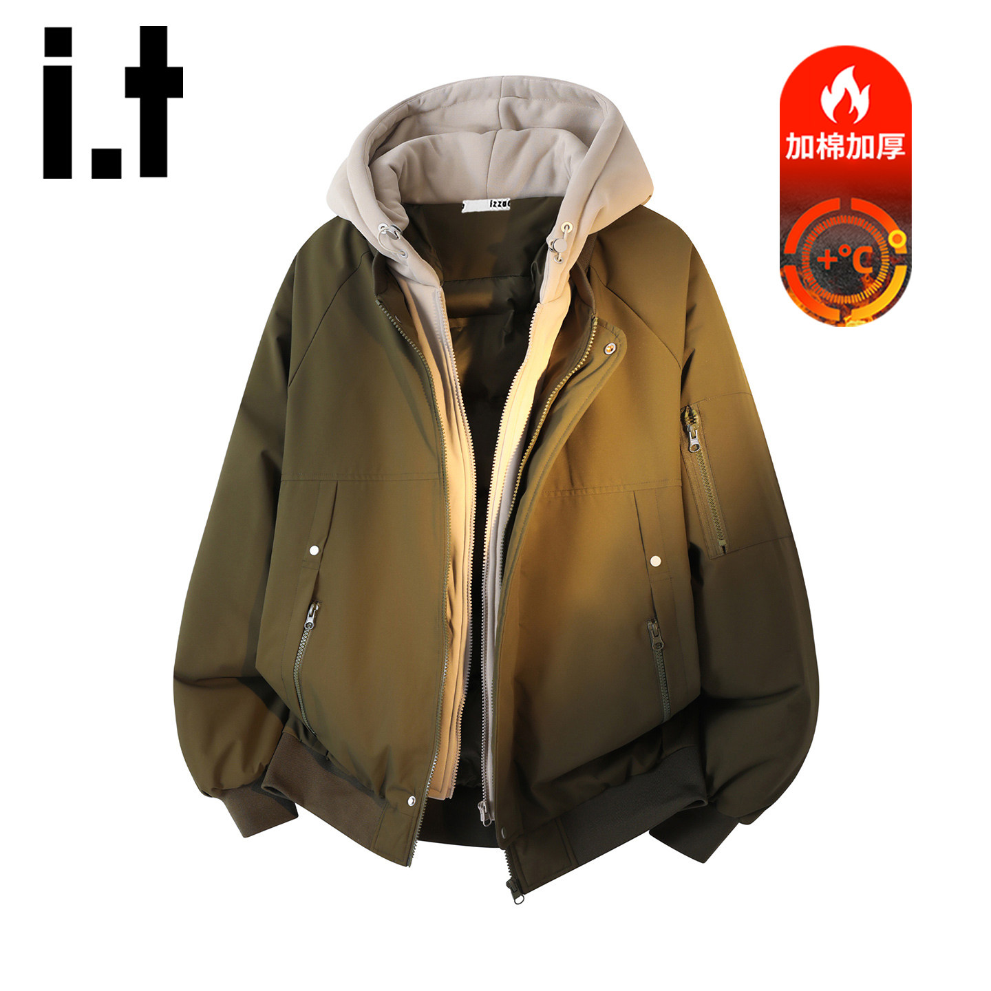 itizzue美式假两件连帽羽绒棉服