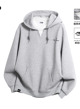 it izzue原创潮牌假两件灰色连帽卫衣男2026年春秋宽松帽衫外套3P