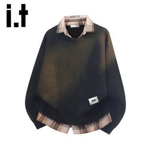 宽松休闲保暖翻领上衣男Y 毛衣男外套针织衫 izzue假两件秋冬款