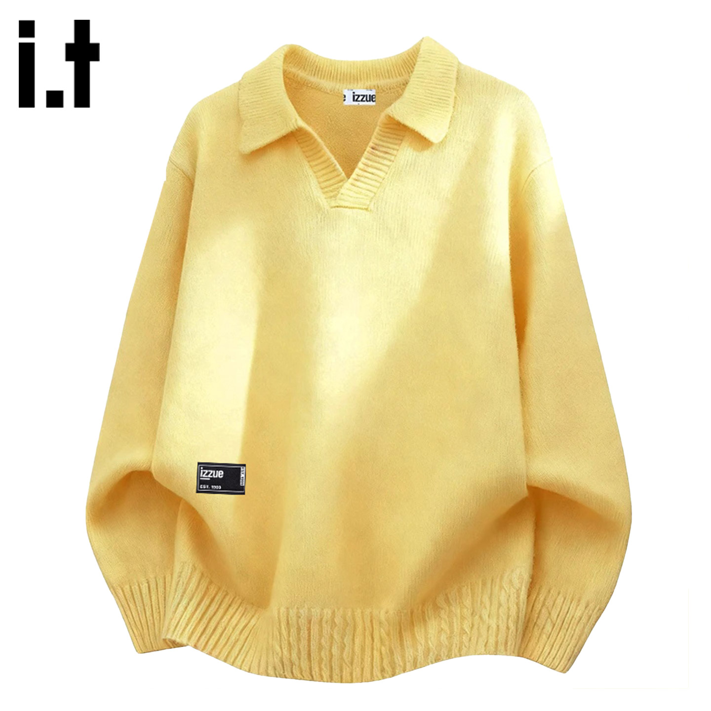 itizzue原创翻领宽松黄色毛衣男