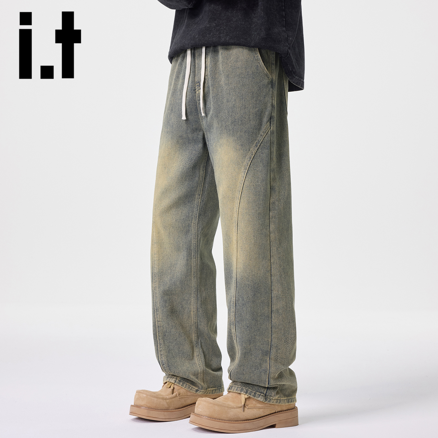 itizzue美式潮牌拼接牛仔裤男