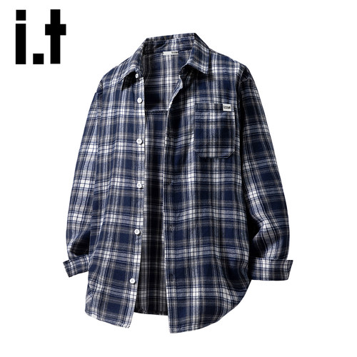 itizzue美式复古格子衬衫男