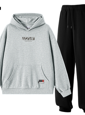 it izzue潮牌灰色连帽卫衣男士春秋运动套装健身宽松休闲卫裤男4P