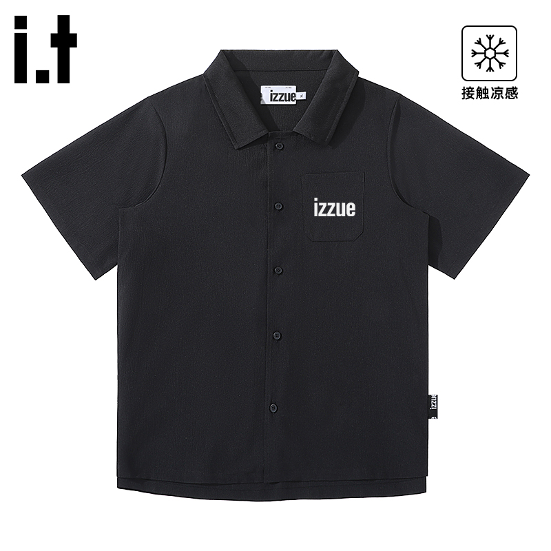 it izzue美式新款冰丝凉感衬衫男短袖2025夏翻领天丝皱透气上衣C