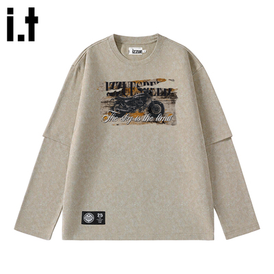 itizzue圆领长袖T恤男女秋季假两件上衣复古潮牌宽松内搭打底衫4P