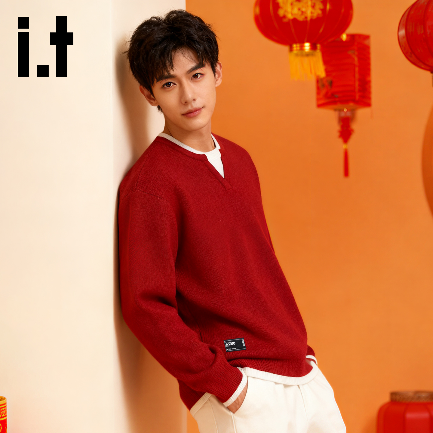 it针织衫男红色假两件上衣