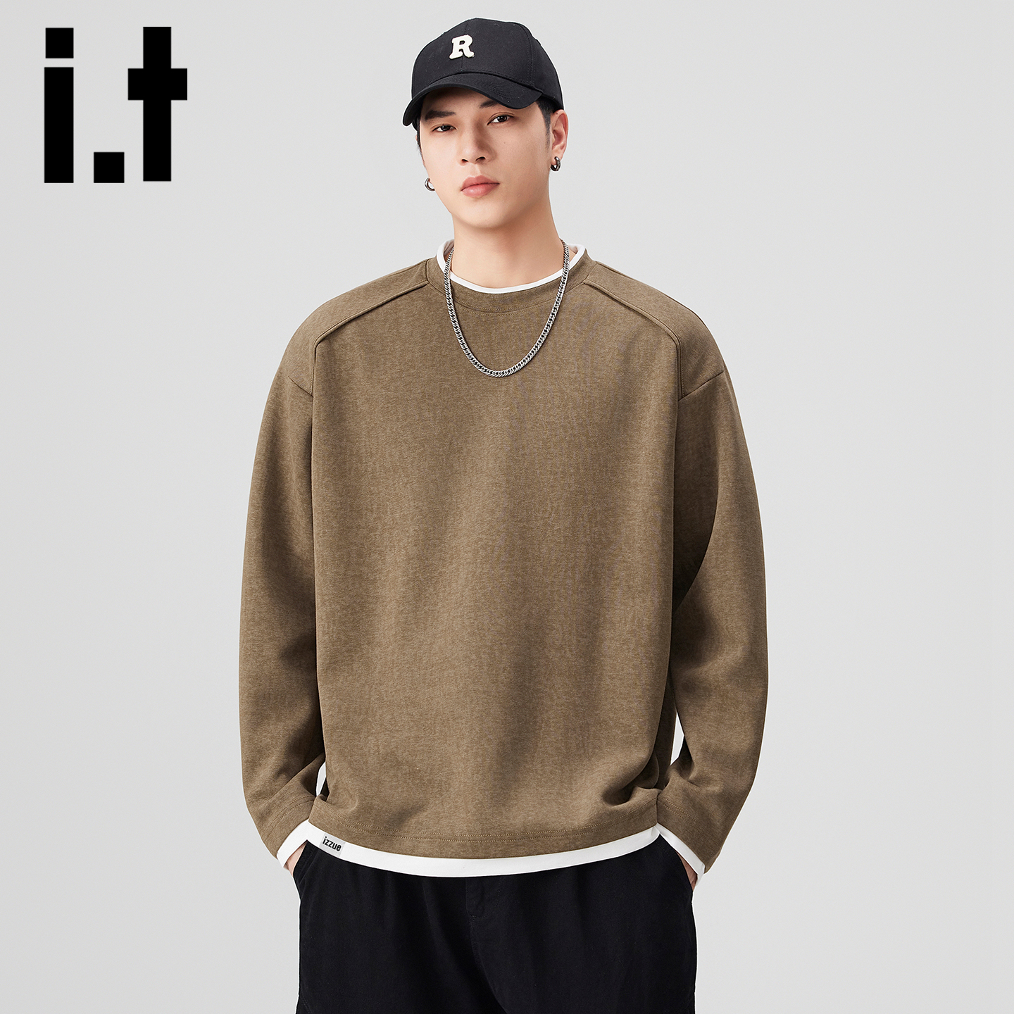 itizzue美式假两件圆领卫衣男秋