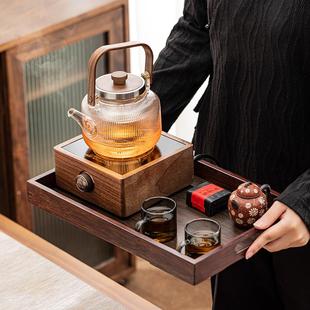家用耐高温玻璃煮茶壶办公静音茶炉提梁侧把 胡桃木电陶炉煮茶套装