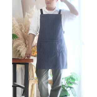 防水防污简约条纹围裙背带挂脖男女厨房餐饮做饭烧烤烘培耐磨耐脏