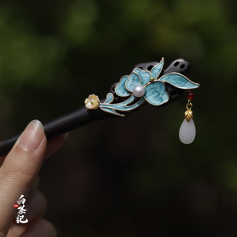 烧蓝流苏高级感黑檀木玄学发簪新中式挽发古装发钗女步摇木簪子