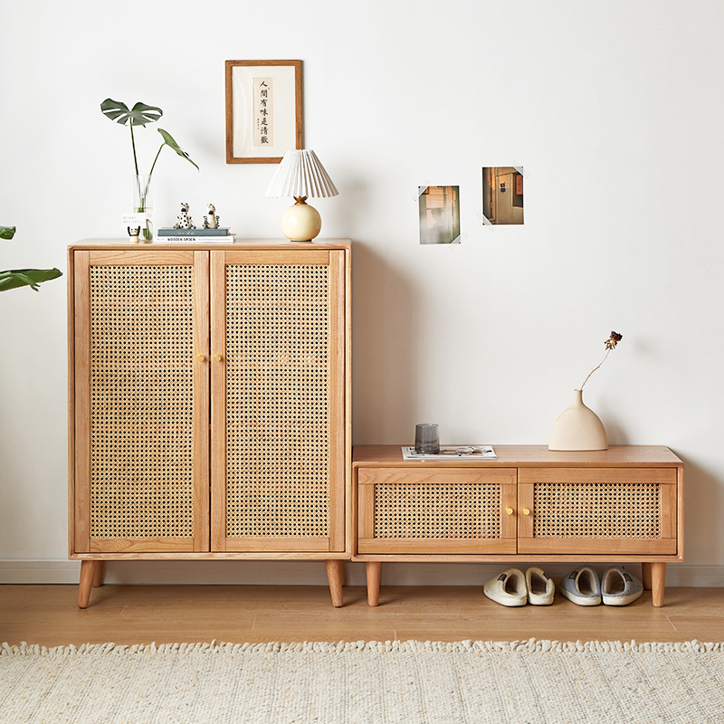 实木鞋柜家用门口入户简约现代整装大容量日式藤编储物玄关门厅柜