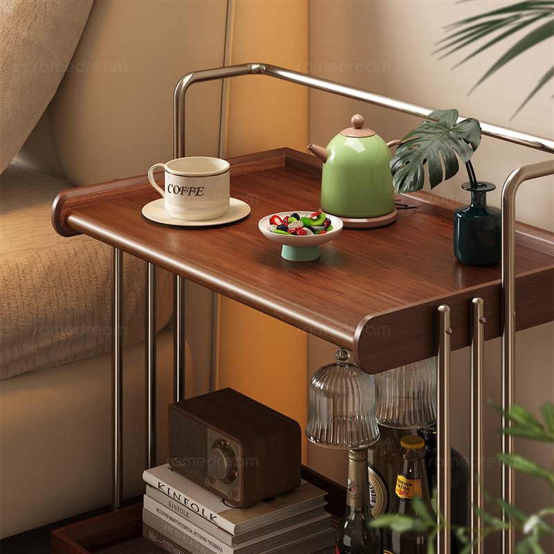 中古风可移动沙发边几实木小推车边柜小桌子高级感茶几置物架