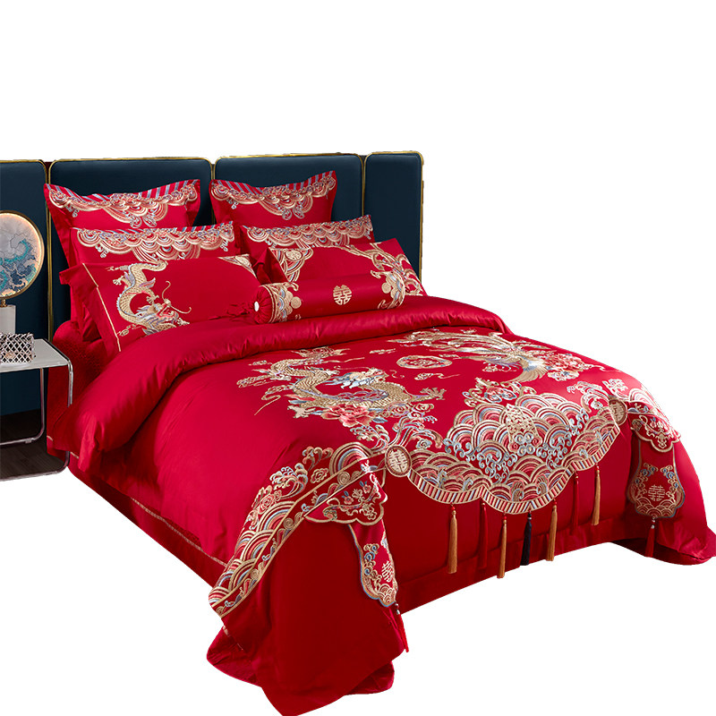 婚庆四件组全棉大红色刺绣被套龙凤新结婚床上六十件套喜被子,床上用品,婚庆床品套件,淘宝优惠券,粉丝福利购,淘宝优惠卷