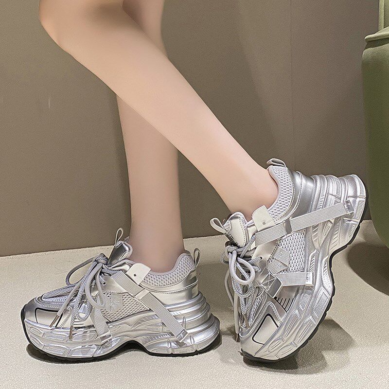 10CM内增高老爹鞋子男女情侣鞋高级感银色厚底爆款松糕运动鞋春秋