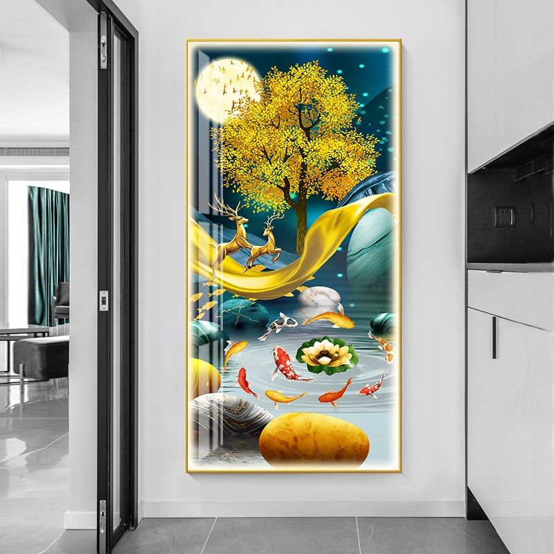 招财玄关装饰画九鱼图灯画现代简约lEed灯过道走廊挂画晶瓷入户画