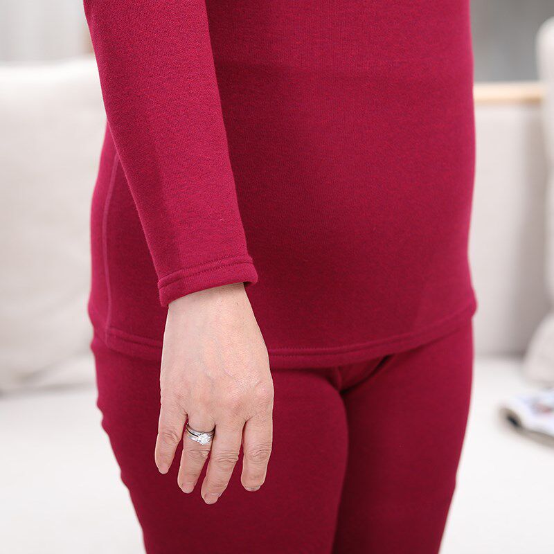 中老年大码女士保暖内衣套装加厚加绒护膝大红色本命年奶奶胖妈妈
