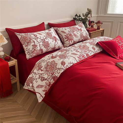 欧式婚庆四件组大红色床单被套奢华新婚全棉结婚床上用品,床上用品,婚庆床品套件,淘宝优惠券,粉丝福利购,淘宝优惠卷