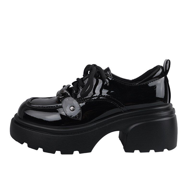 黑色英伦风增高厚底小皮鞋女2024新款夏天粗跟圆头百搭系带单鞋子