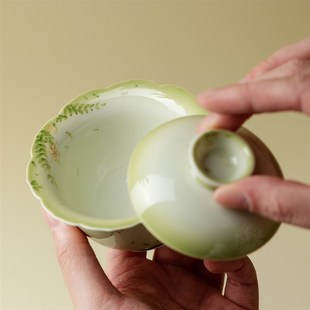 里作渐变绿粉彩手绘紫藤二才盖碗精致高颜值女士泡茶碗茶具敬茶碗