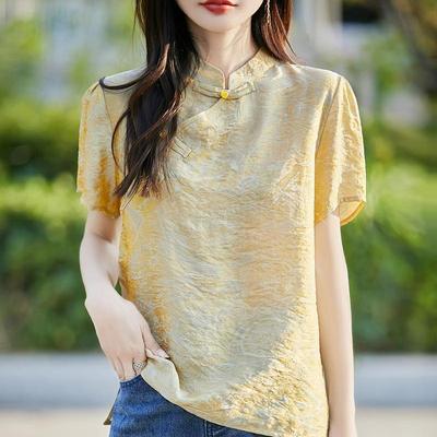 新中式真丝褶皱短袖t恤女2025年夏季新款桑蚕丝国风盘扣衬衫上衣