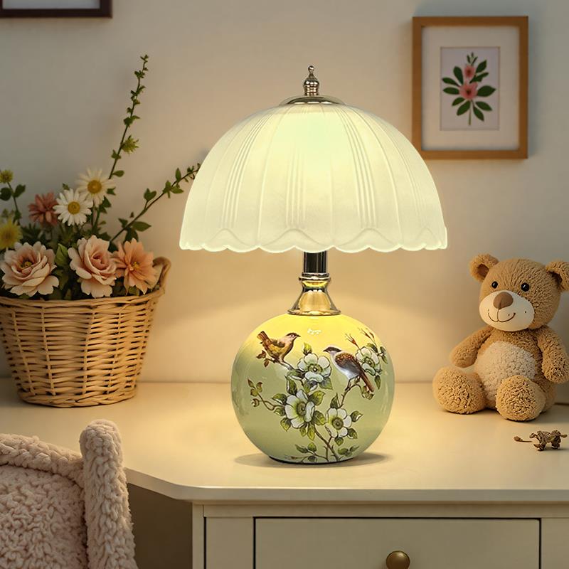 欧式花鸟圆球台灯卧室床头灯创意氛围小夜灯LED充电触摸调光节能