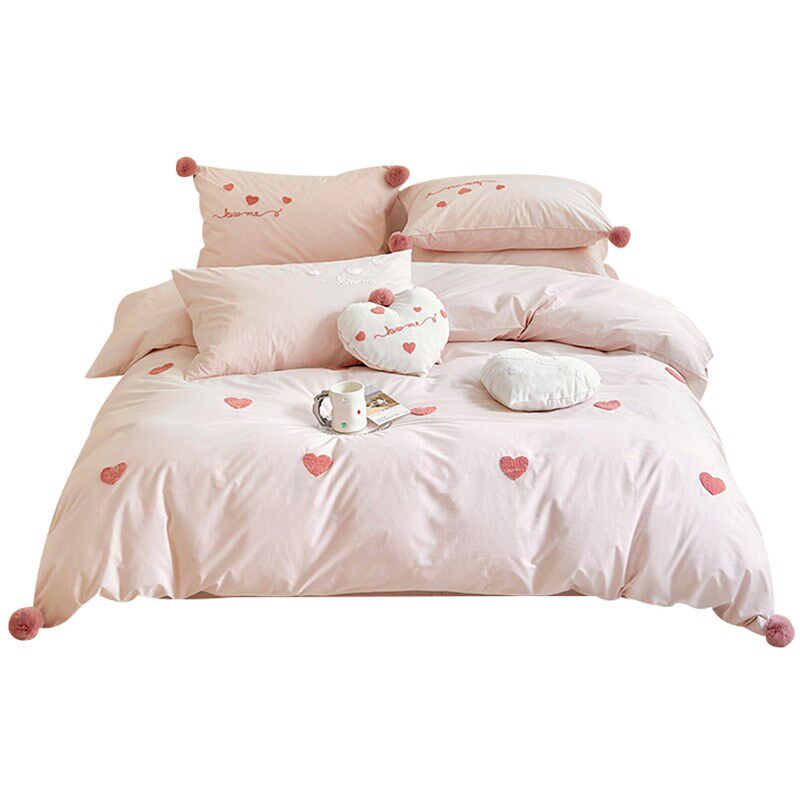 少女风爱心裸睡被套床单四件套全棉可爱1.2m新款粉色床上用品