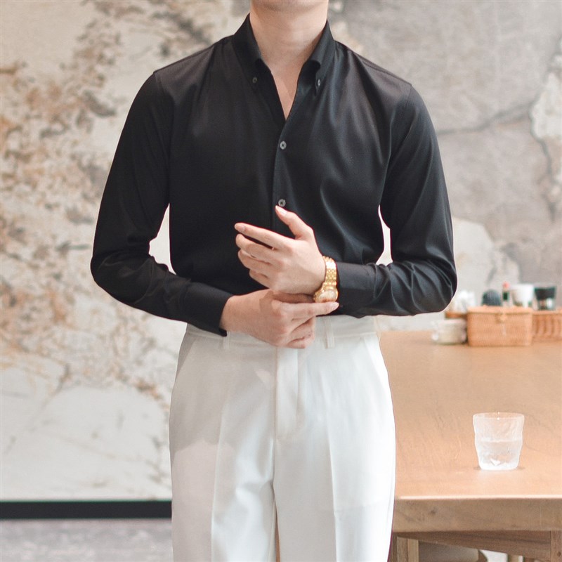 休闲意式高级感一片领长袖白色衬衫男英伦商务正装免烫V领衬衣潮