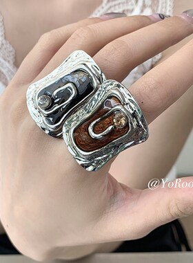 YoRoooi 小众夸张几何水钻滴油戒指黑色inNs百搭可调节指环食指戒