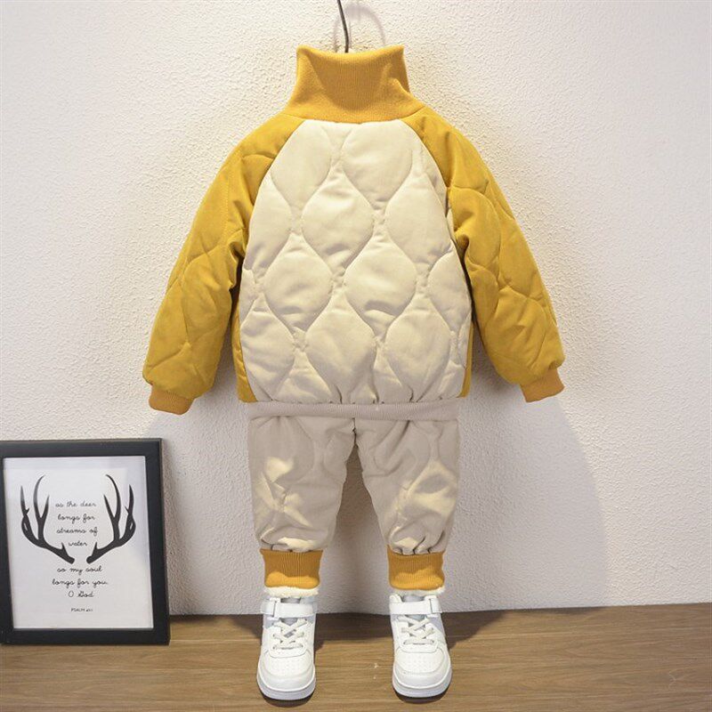 小童套装儿童冬季加绒棉衣男童加厚拼色棉服宝宝秋冬帅气两件套潮