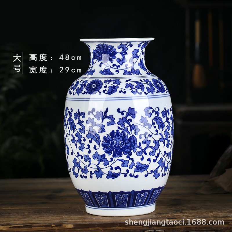 仿古缠枝莲青花瓷花瓶插花中式客厅装饰品博古架摆件品质好发货快