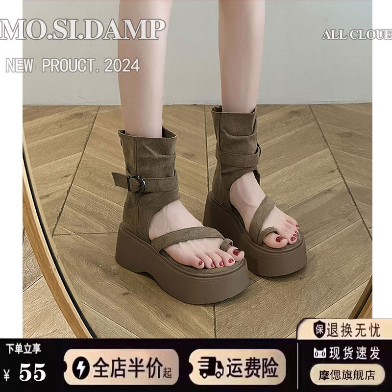 松糕厚底增高套趾凉鞋女20v25新款夏季靴西部牛仔堆堆靴夹脚短